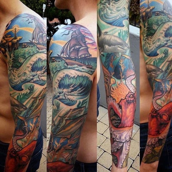 Full Sleeve Nautical Mens Ocean Tattoo Designs