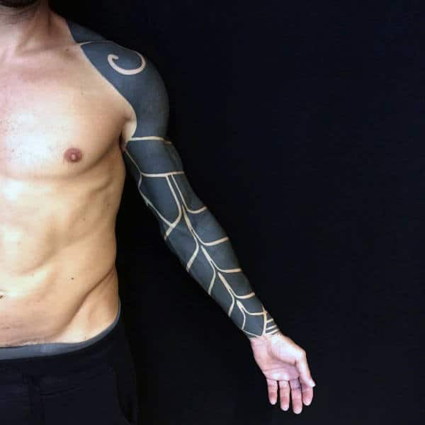 Full Sleeve Negative Space Blackwork Male Tattoos