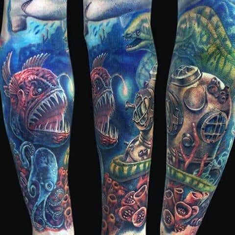 Full Sleeve Ocean Life Themed Mens Water Tattoos