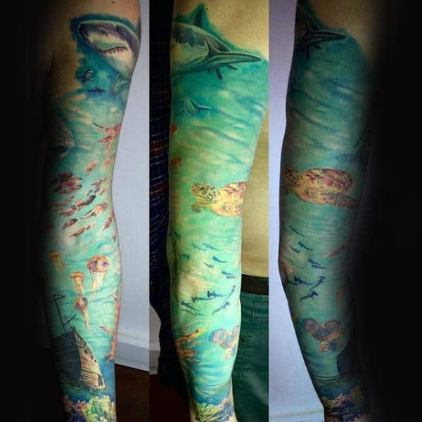 Full Sleeve Ocean Mens Turtle Tattoo Design Ideas With Sea Water