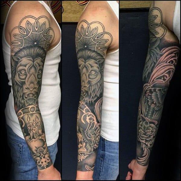 Full Sleeve Pattern Male Gargoyle Tattoos