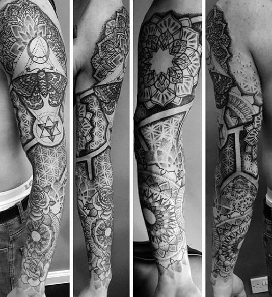 Full Sleeve Pencil Art Buddhism Tattoo For Men