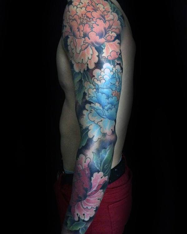 Full Sleeve Peony Themed Mens Flower Tattoos
