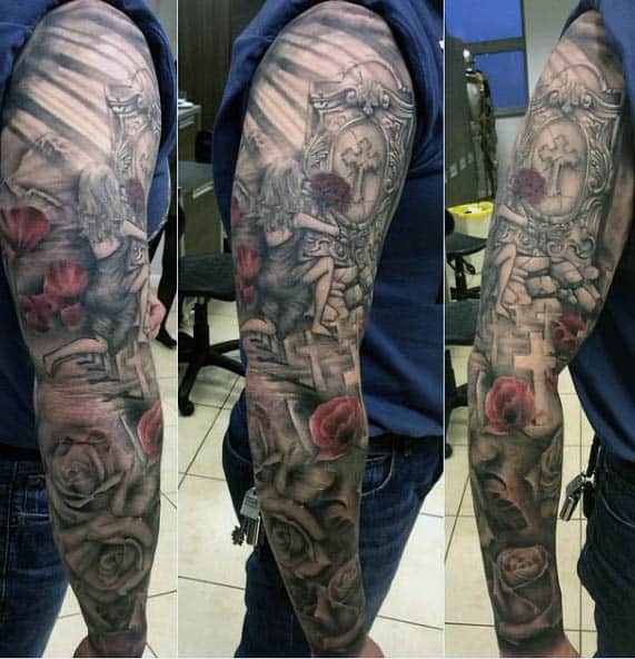 Full Sleeve Poppy Flower Tattoo For Men With Roses And Cross