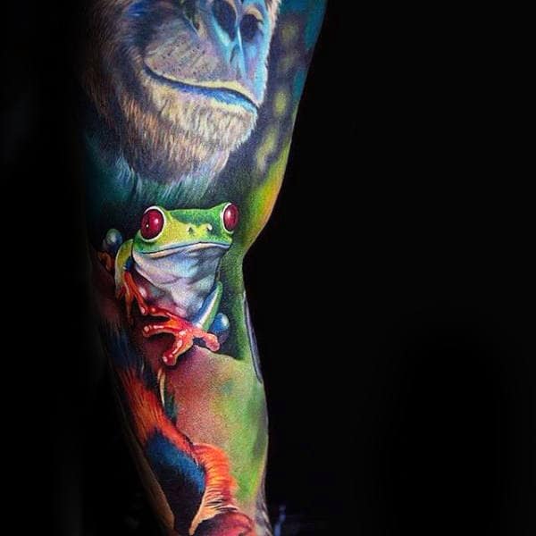 Full Sleeve Rainforest With Gorilla Mens Frog Tattoo
