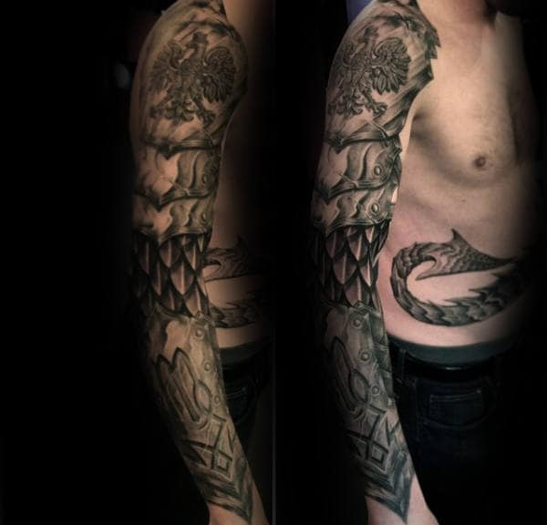 Full Sleeve Realistic 3d Mens Polish Eagle Armor Plate Tattoos