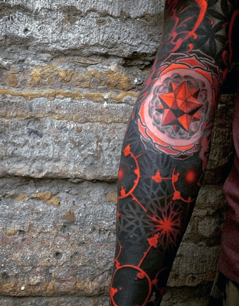 Full Sleeve Red Male Abstract Star Tattoos