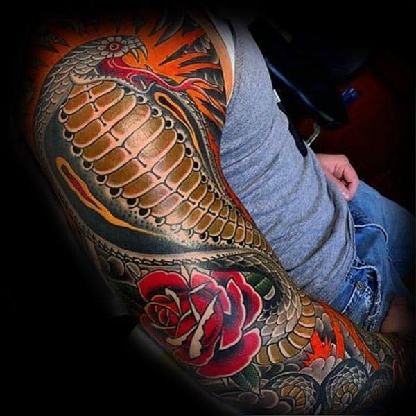 Full Sleeve Red Rose Cobra Male Tattoo Ideas