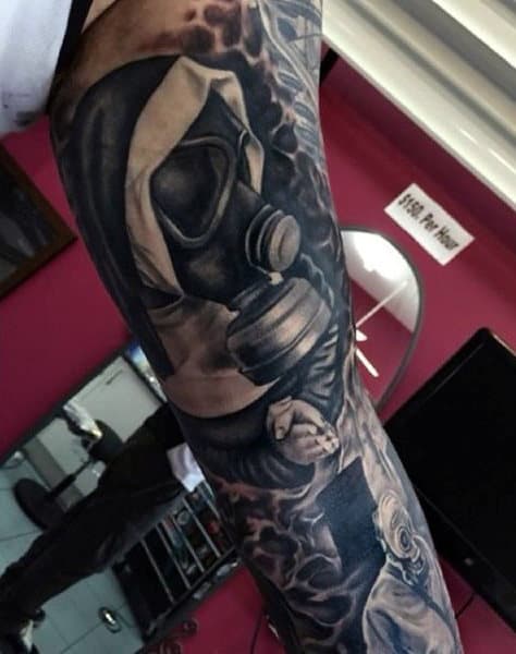 Full Sleeve Religous Gas Mask Tattoo For Men