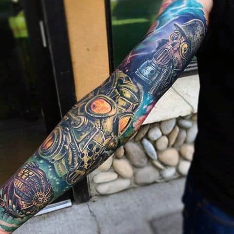 Full Sleeve Robotic Gas Mask Male Tattoo Theme