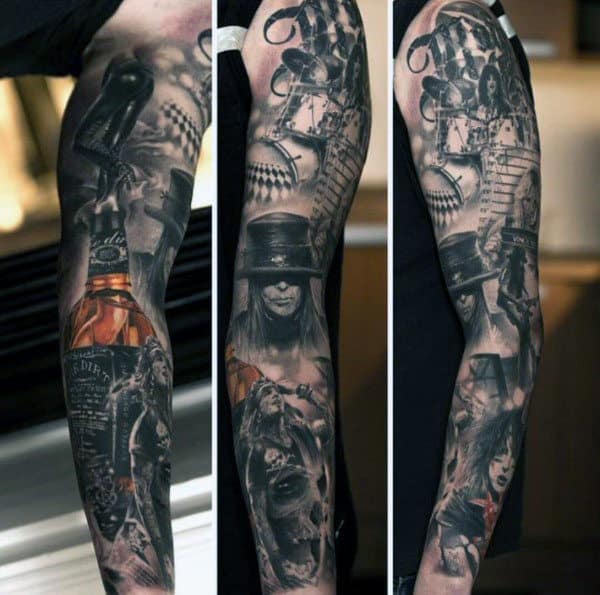 Full Sleeve Rock And Roll Jack Daniels Mens Tattoos