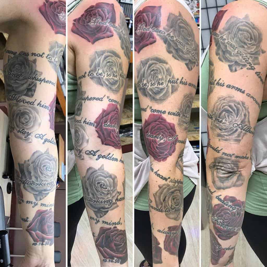 A beautifully inked sleeve featuring roses and cursive script elegantly wraps around the arm