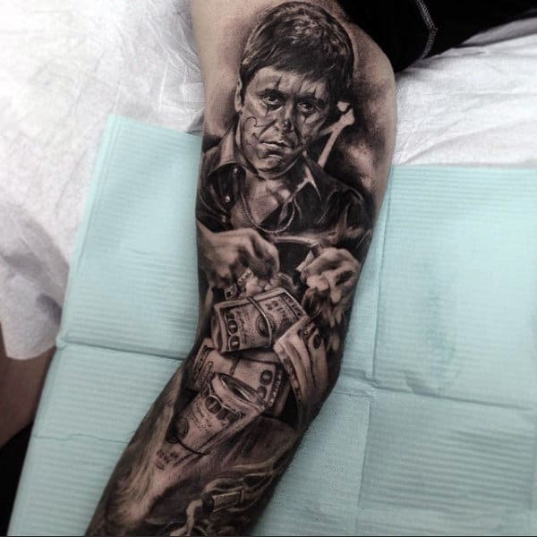 Full Sleeve Scarface Cash With Tony Montana Mens Tattoos
