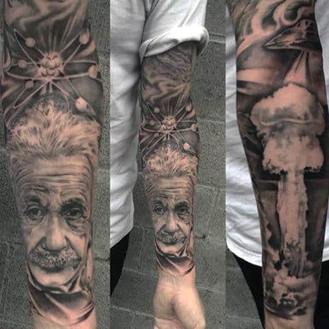 Full Sleeve Science Einstein Tattoo With Atom Bomb For Men