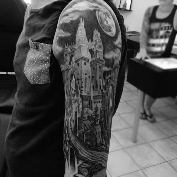 Full Sleeve Scottish Castle Tattoo For Men Shaded