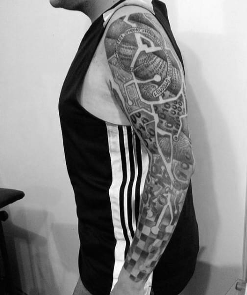 Full Sleeve Shaded Black And Grey Ink Binary Male Tattoo Ideas