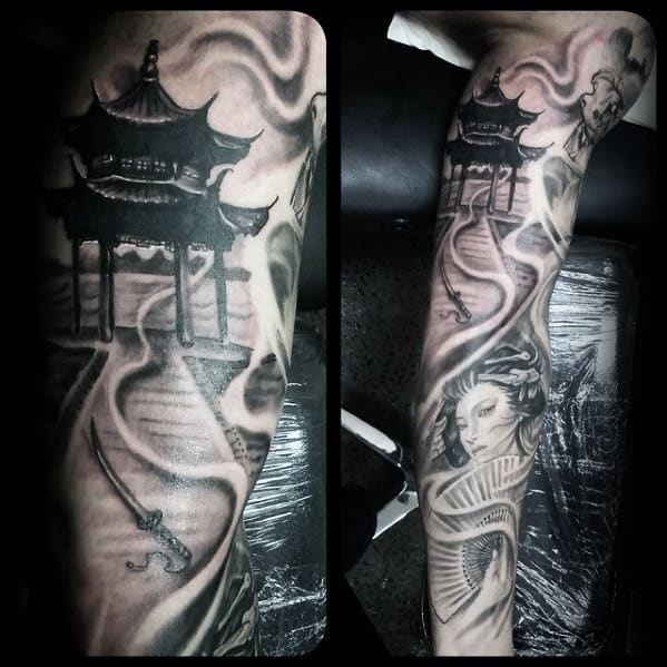 Full Sleeve Shaded Mens Temple Japanese Tattoo