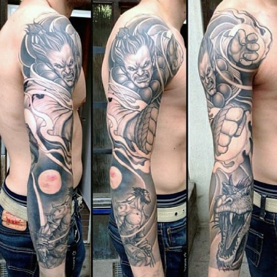 Full Sleeve Shaded Street Fighter Themed Mens Tattoos