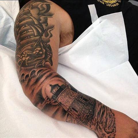 Full Sleeve Ship And Lighthouse Male Tattoo Design
