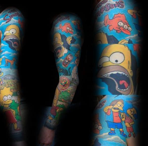 Bright full-sleeve tattoo featuring The Simpsons characters in a bold, cartoon-style design with a sky-blue background.
