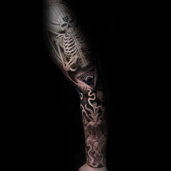 Full Sleeve Skeleton Baphomet Mens Tattoo Ideas