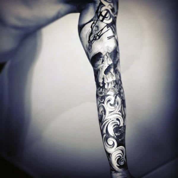 Full Sleeve Skull With Filigree Tattoo On Gentleman