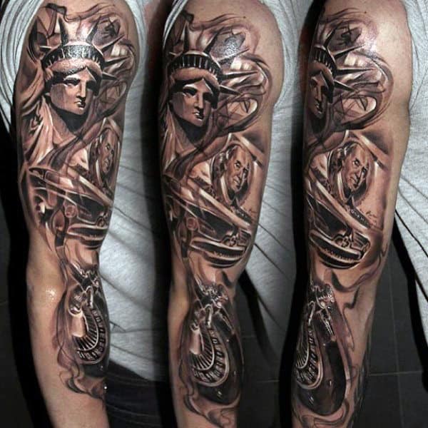 Full Sleeve Statue Of Liberty Tattoo For Males