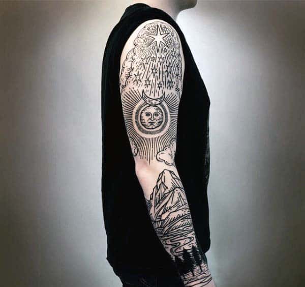 Full Sleeve Sun Over Nature Woodcut Male Tattoos