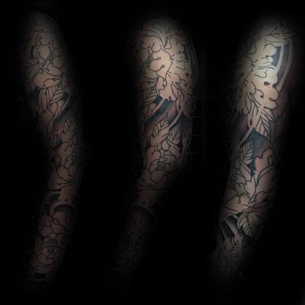 Full Sleeve Tattoo Of Black Ink Outline Peony Flowers For Men