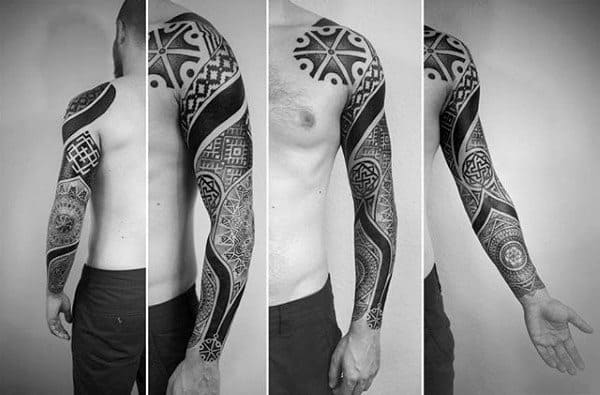 Full Sleeve Tattoo On Man With Factal Design