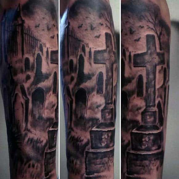 Full Sleeve Tombstones Male Tattoos