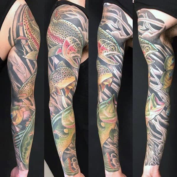 Full Sleeve Trout Fish Mens Tattoo Designs