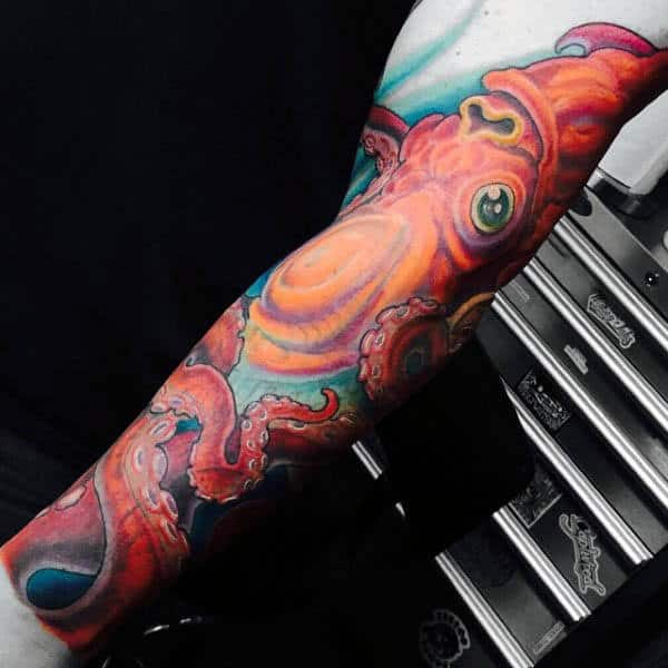 Full Sleeve Underwater Red Squid Tattoo For Males