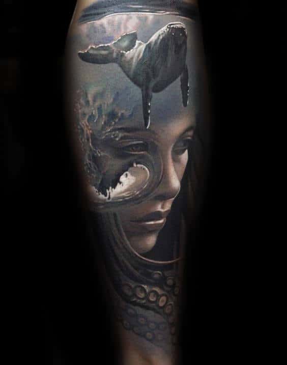 Full Sleeve Whale And Female Portrait Mens Realistic Forearm Sleeve Tattoos