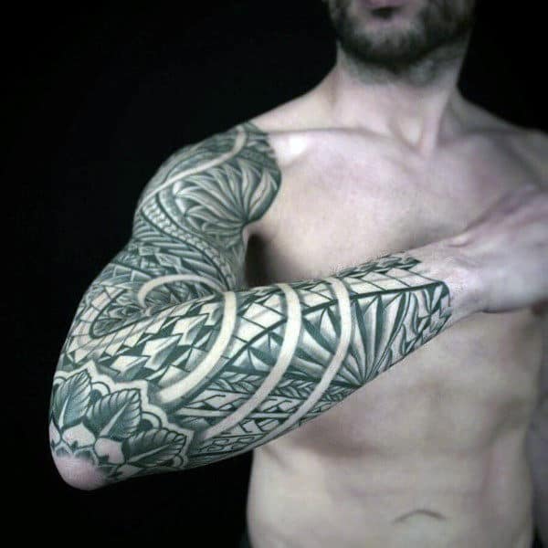 Full Sleeve With Fower On Elbow Guys Samoan Tribal Tattoos