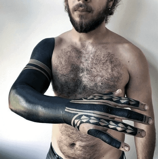 Full Sleeve With Hand Tattoo Of Blackwork Design