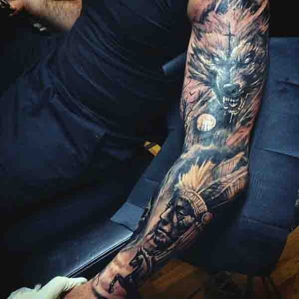 Full Sleeve Wolf Moon Tattoos For Men
