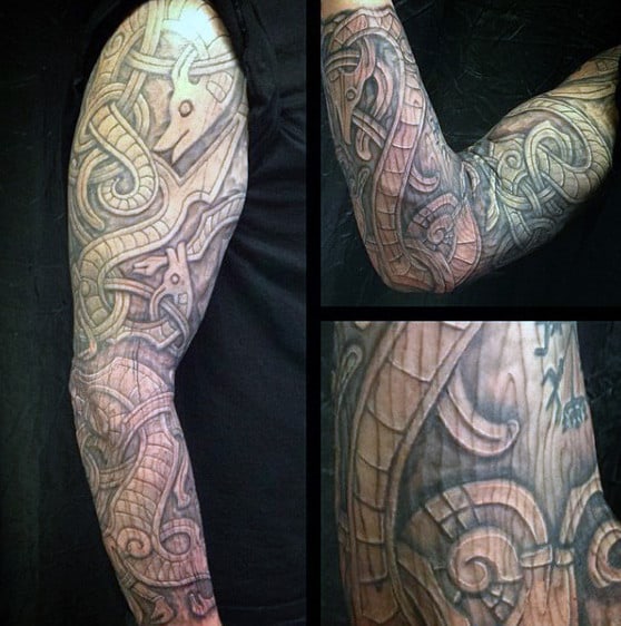 Full Sleeve Wood Carving Norse Guys Tattoo Design Ideas