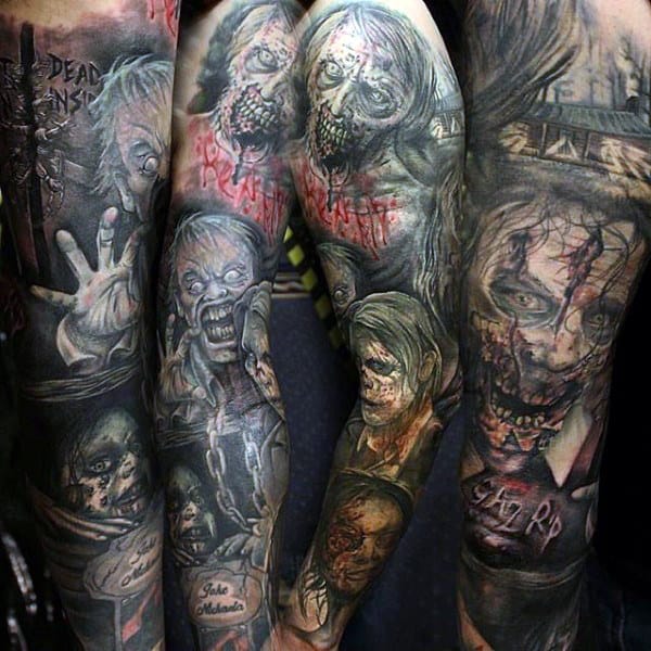 Full Sleeve Zombie Themed Tattoos For Guys