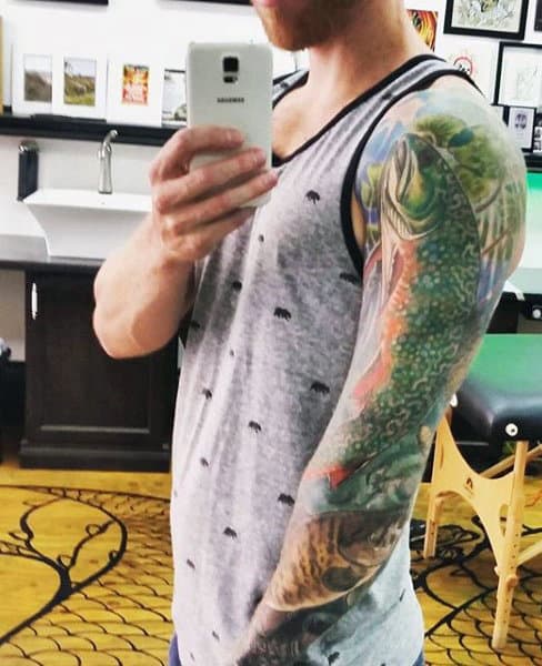 Full Sleeve Fish Scale Tattoos On Man