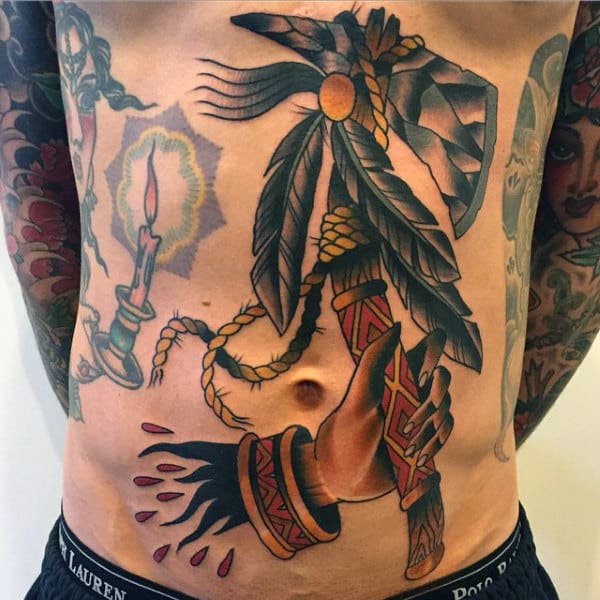 Full Stomach And Chest Hand Holding Tomahawk Mens Tattoo Design