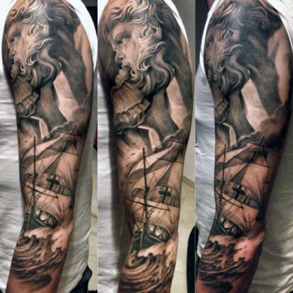 Full Sleeve Poseidon Tattoo Artwork For Men
