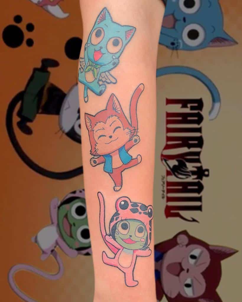 Colorful forearm tattoo featuring Happy, Carla, and Frosch from Fairy Tail, designed in a playful and cheerful pose with bright details.