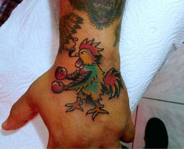 Funny Boxing Rooster Tattoo For Men On Hand