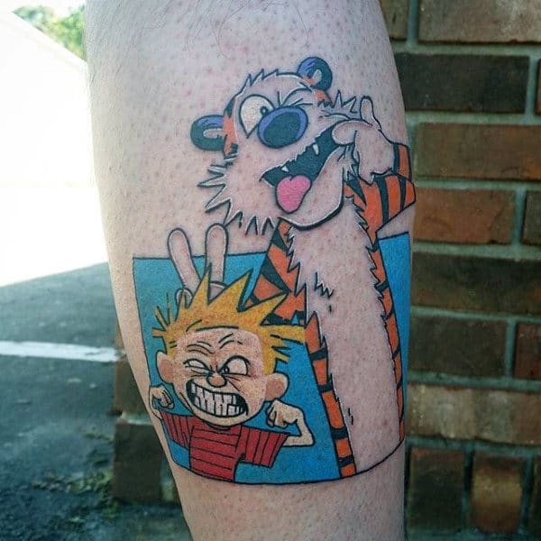 Funny Faces Male Calvin And Hobbes Leg Calf Tattoos