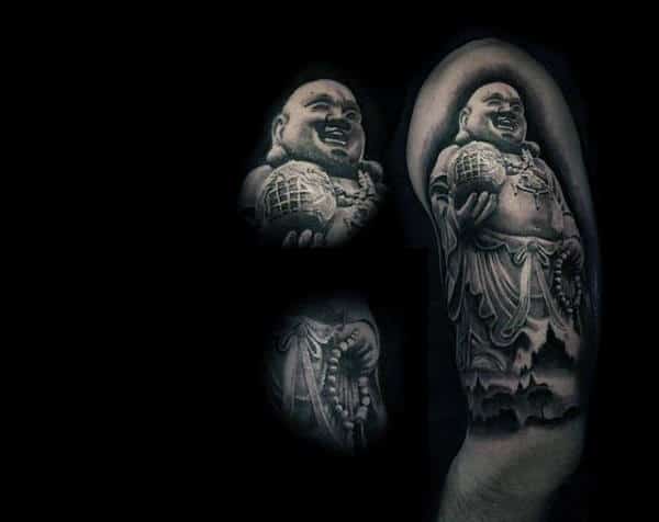 Funny Laughing Buddha Tattoo On Shoulders For Men