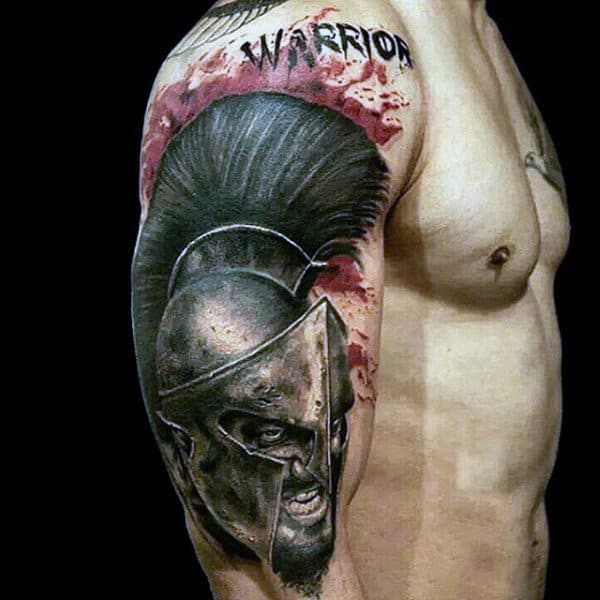 Furious Warior With Large Feathered Helmet Tattoo Guys Biceps