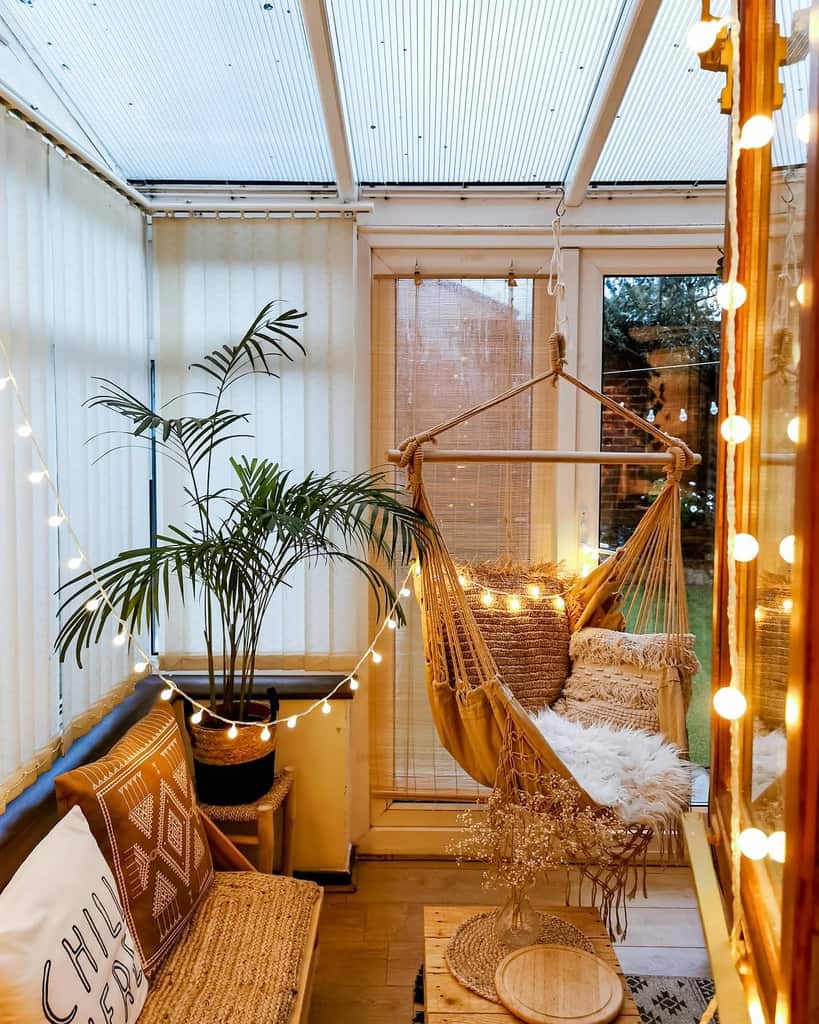 small boho enclosed patio fairy light hammock 