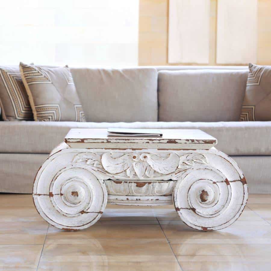 vintage white table gray couch 
