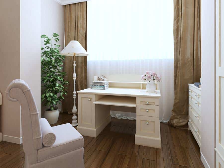 rustic office white desk and cabinet gray chair hardwood floors 